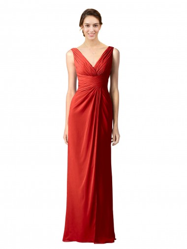 Shirred Long Floor Length Chiffon Bridesmaid Dress with V-Back