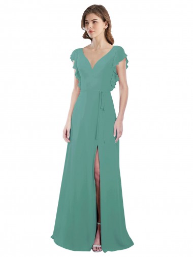 Full Length Chiffon Bridesmaid Dress with Ruffled Cap Sleeves and Side Slit