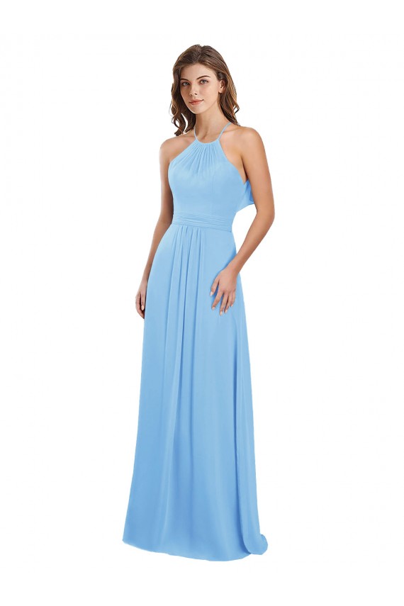 Chiffon A-Line Bridesmaid Dress with Halter Neck and Ruffled Back Straps