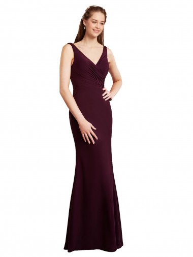 Floor Length Fluted Chiffon Dress with Draped Bodice and V-Neckline