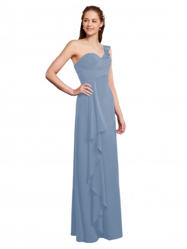 Single Shoulder Strap Long Chiffon Bridesmaid Dress with Cascading Ruffles