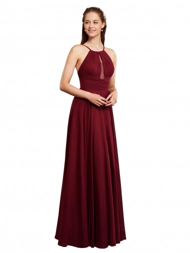 Long A-Line Halter Neck Chiffon Bridesmaid Dress with Draped Bodice