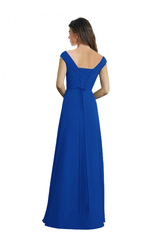 Draped Shoulder V-Neck Long Chiffon Bridesmaid Dress