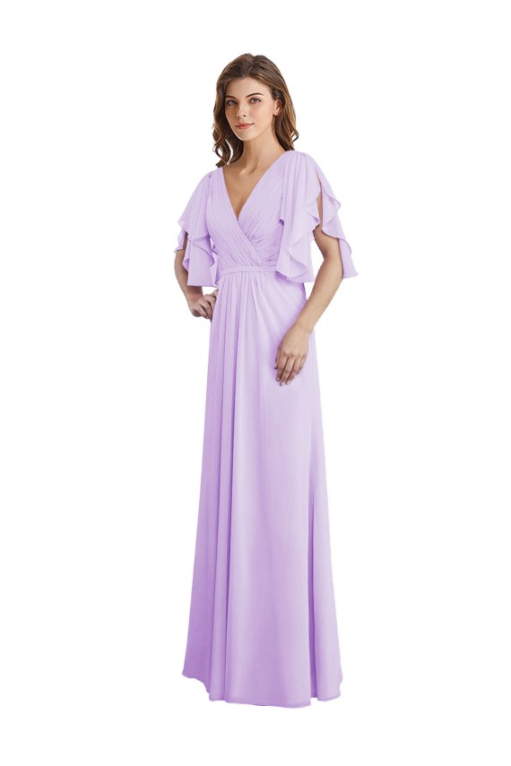 A-Line Draped Chiffon Bridesmaid Dress with V-Neck and Split Sleeves