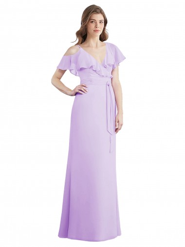 Ruffled Neckline Cold Shoulder Long Chiffon Bridesmaid Dress