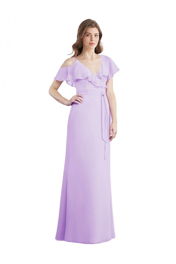 Ruffled Neckline Cold Shoulder Long Chiffon Bridesmaid Dress