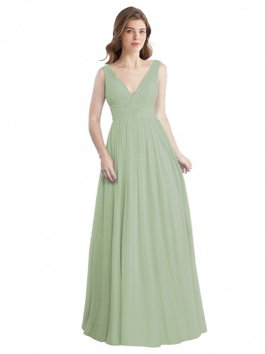 V-Neck A-Line Long Chiffon Bridesmaid Dress with Draped Bodice