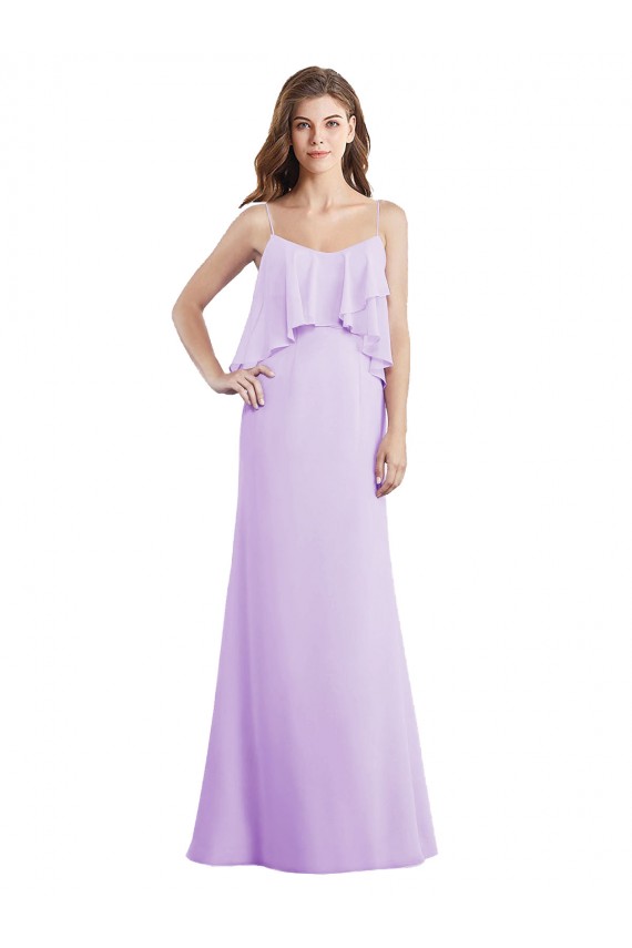 Scoop Neck Long Chiffon Bridesmaid Dress with Cross Over Neckline Flounce