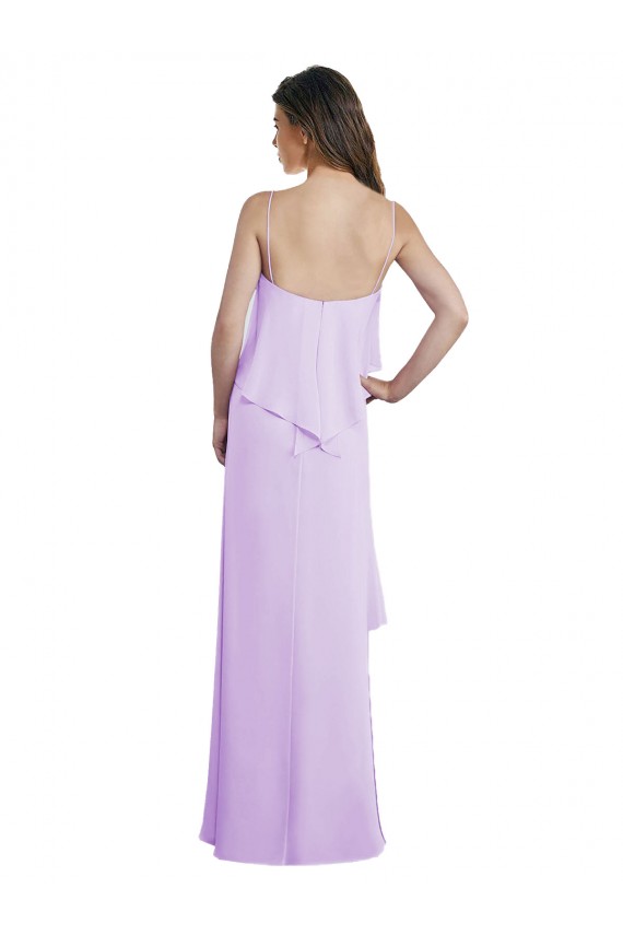 Scoop Neck Long Chiffon Bridesmaid Dress with Cross Over Neckline Flounce