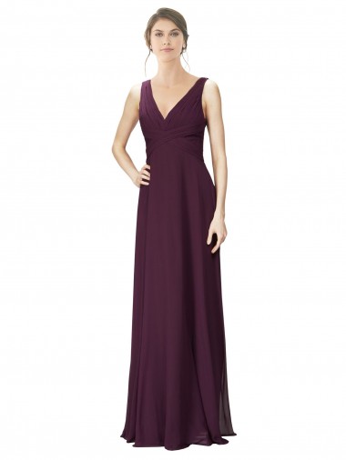 Long Chiffon Bridesmaid Dress with Ruched Criss Cross V-Neck Bodice