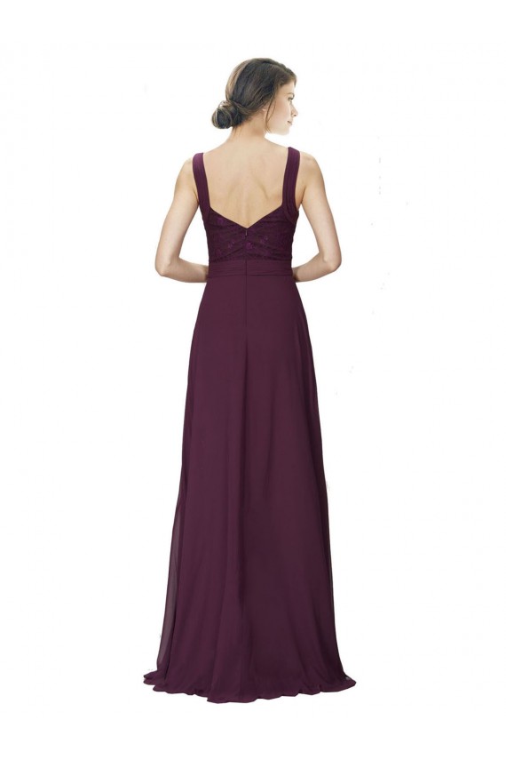 Long Chiffon Bridesmaid Dress with Ruched Criss Cross V-Neck Bodice