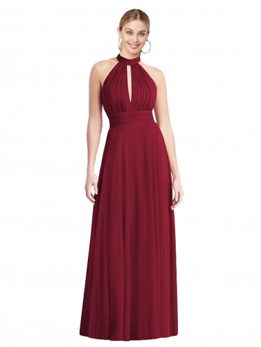 High-Neck Open Back Shirred Halter Maxi Bridesmaid Dress