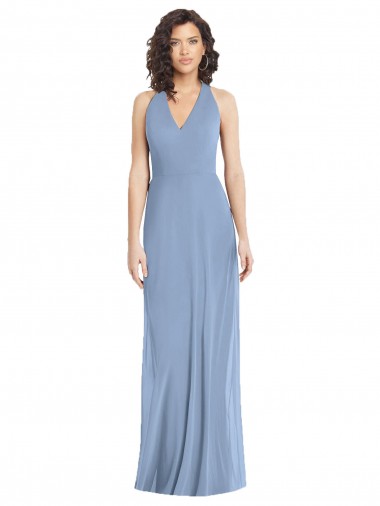 V-Neck Halter Back Straps Chiffon Formal Bridesmaid Dress