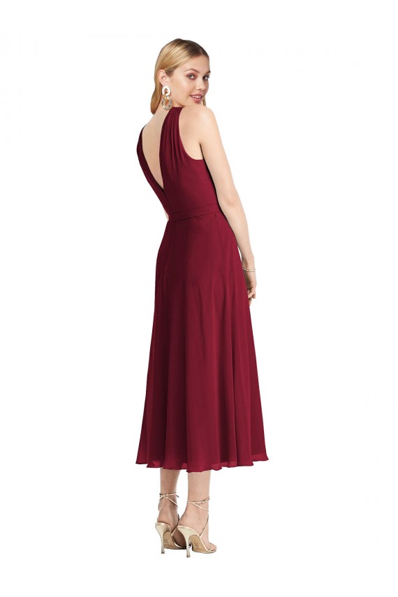 Midi Length Halter Plunging V-Back Chiffon Bridesmaid Dress / Cocktail Dress