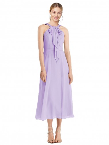 Midi Length Halter Plunging V-Back Chiffon Bridesmaid Dress / Cocktail Dress