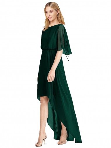 Plunging V Back Flutter Sleeves Cocktail Length Chiffon Bridesmaid Dress