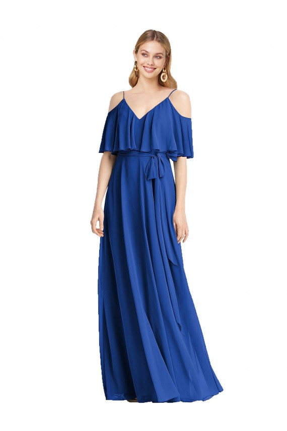 Spaghetti Straps V-Neck Chiffon Bridesmaid Dress with Sash Tie