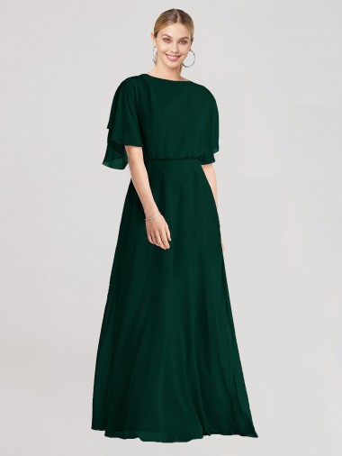 Full-Length Flutter Sleeves Plunging V Back Chiffon Bridesmaid Dress