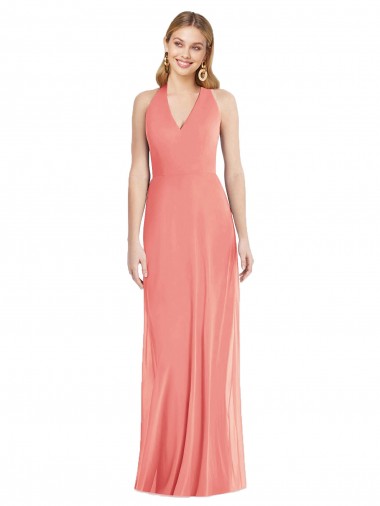 V-Neck Halter Chiffon Maxi Formal Bridesmaid Dress Open Back