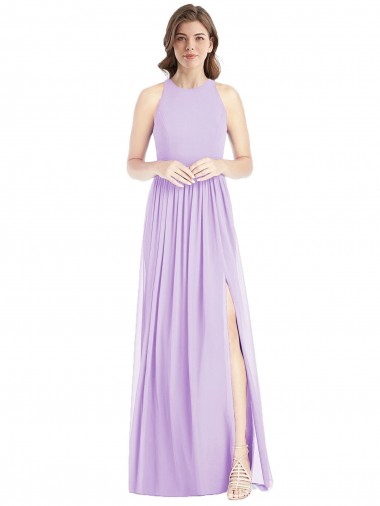 Shirred Skirt Jewel Neck Halter Chiffon Bridesmaid Dress with Front Slit