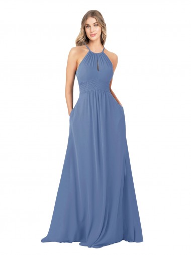 Draped High Neck Keyhole Back Bridesmaid Dress with Front Slit