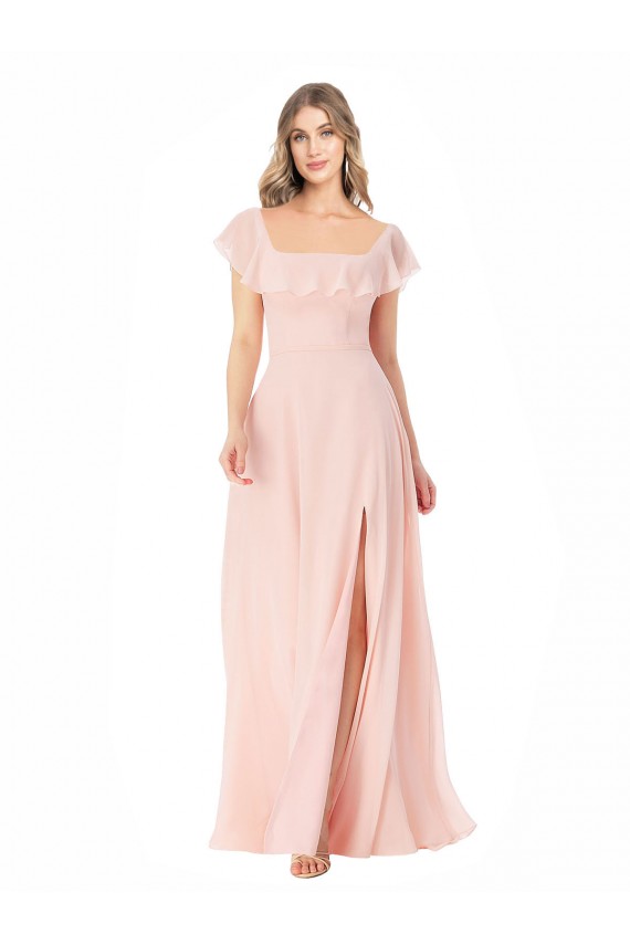 Flutter Cap Sleeves Square Neck Ruffle Chiffon Bridesmaid Dress with Pockets