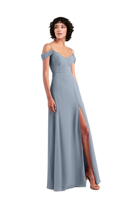 Off the Shoulder Folded Sleeve Long Chiffon Bridesmaid Dress with High Side Slit