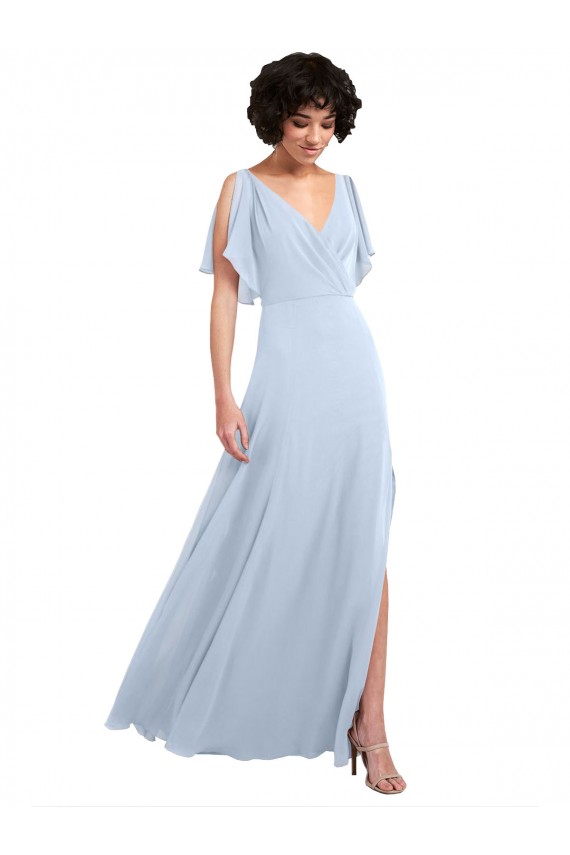 Split Flutter Sleeves V-Neck Chiffon Bridesmaid Dress with Open V-Back