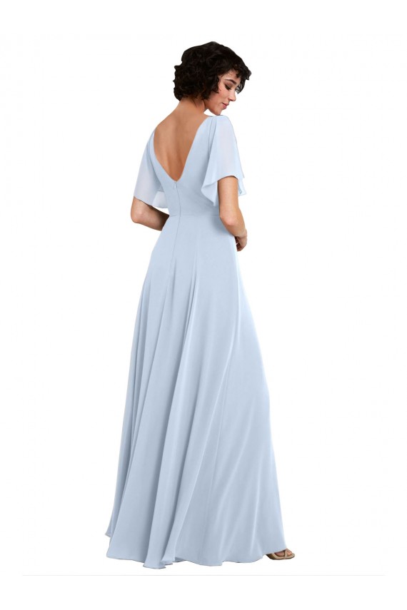 Split Flutter Sleeves V-Neck Chiffon Bridesmaid Dress with Open V-Back