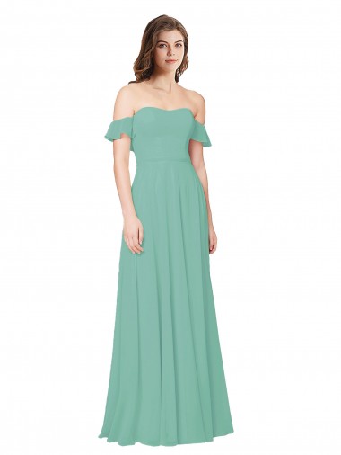 Flounce Sleeves Off the Shoulder Long Chiffon Bridesmaid Dress