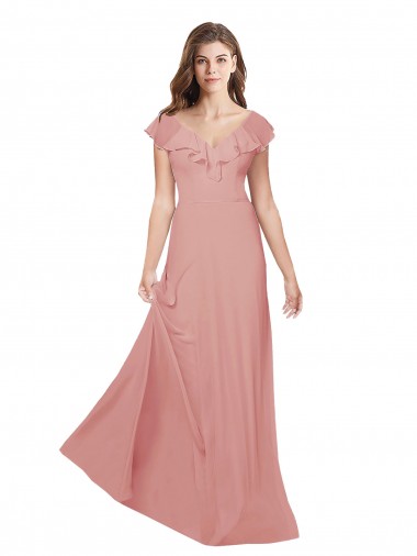 Flounced V Neckline Flutter Sleeves Chiffon Bridesmaid Dress