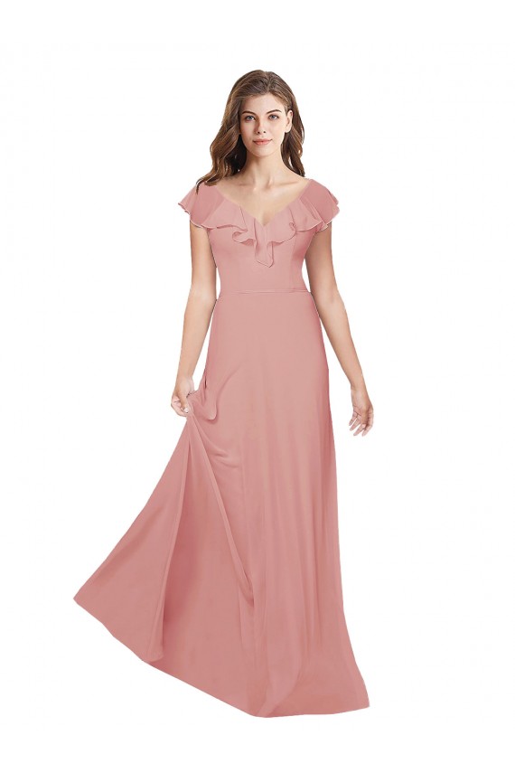 Flounced V Neckline Flutter Sleeves Chiffon Bridesmaid Dress