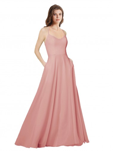 Open Back Wide Tie Band Long Chiffon Bridesmaid Dress with Pockets