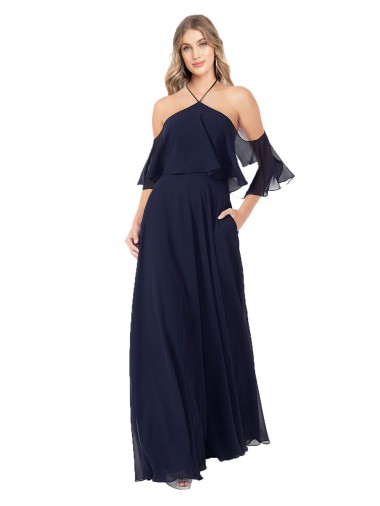 Halter Neck Cold Shoulder Flutter Sleeves Bridesmaid Dress