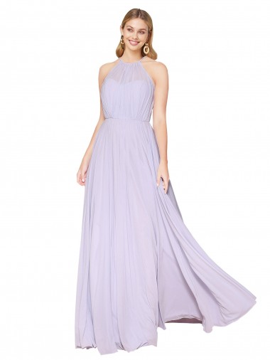 High Neck Halter Shirred Chiffon Bridesmaid Dress / Formal Prom Dress