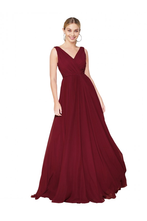 Draped A-Line V-Neck Floor Length Chiffon Bridesmaid Dress / Formal Prom Dress