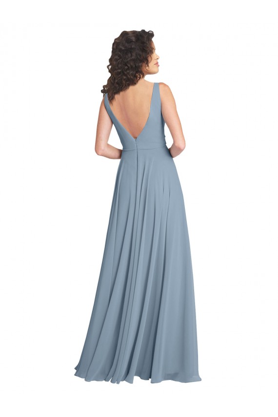 Faux Surplice Bodice Long Chiffon Bridesmaid Dress with V-Neckline