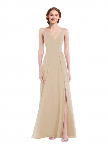 Faux Wrap Criss Cross Back Maxi Bridesmaid Dress with Front Slit