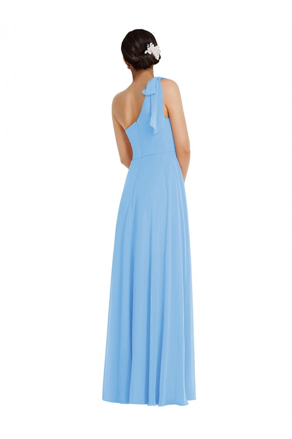 Draped One Shoulder Maxi Bridesmaid Dress with Scarf Bow