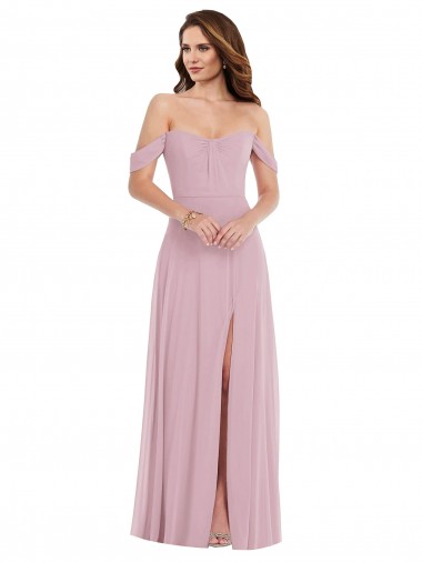 Off the Shoulder Draped Sleeve Maxi Bridesmaid Dress with Front Slit