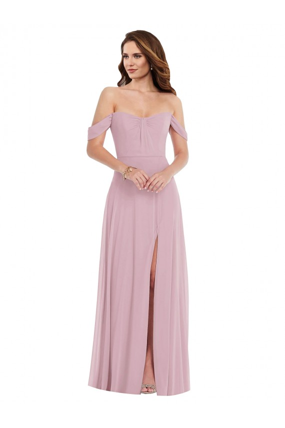 Off the Shoulder Draped Sleeve Maxi Bridesmaid Dress with Front Slit