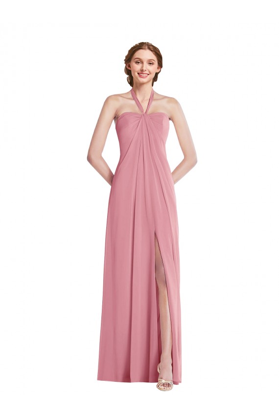 Draped Chiffon Grecian Column Bridesmaid Dress with Front Slit