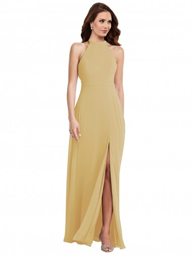 Stand Collar Halter Maxi Bridesmaid Dress with Criss Cross Open Back