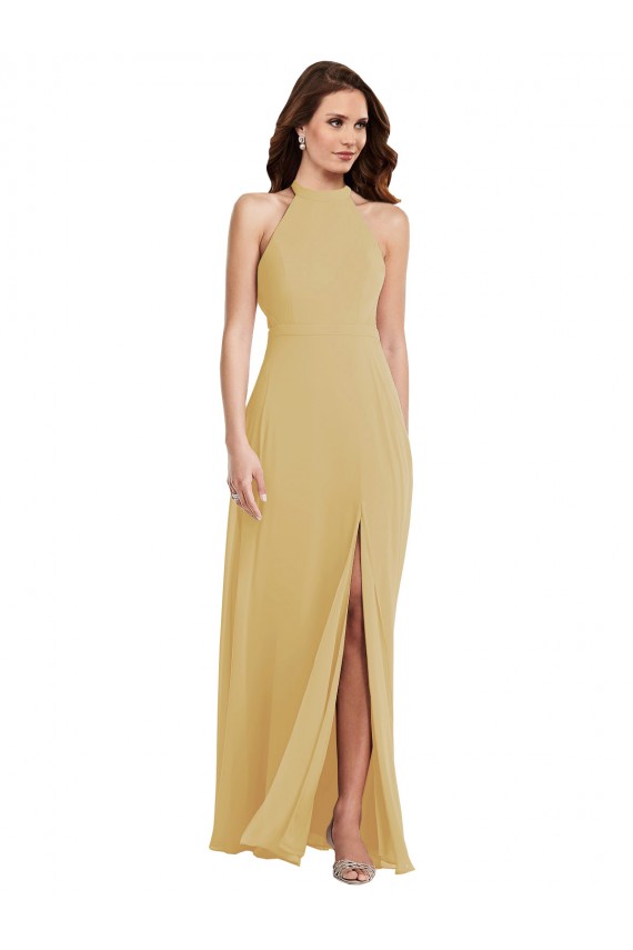 Stand Collar Halter Maxi Bridesmaid Dress with Criss Cross Open Back