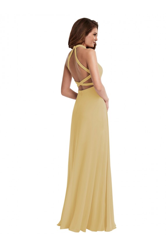 Stand Collar Halter Maxi Bridesmaid Dress with Criss Cross Open Back