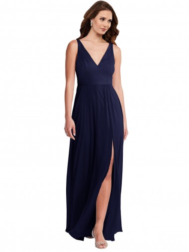 Deep V-Neck Chiffon Maxi Bridesmaid Dress with Front Slit