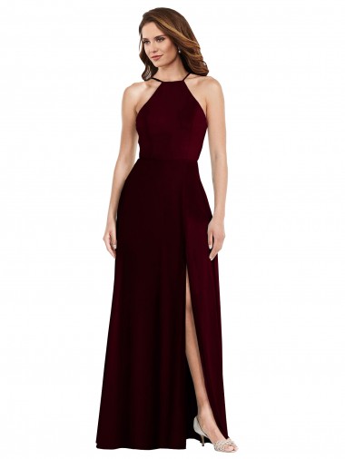 Halter Spaghetti Straps Maxi Bridesmaid Dress with Front Slit