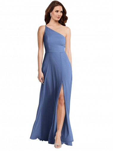 One Shoulder Full Length Maxi Formal Bridesmaid Dress with Flirty Slit