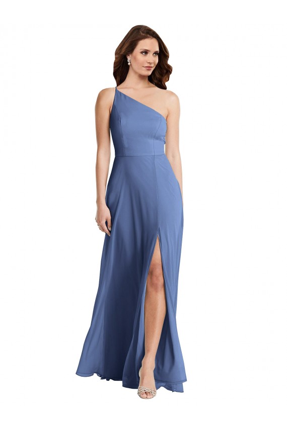 One Shoulder Full Length Maxi Formal Bridesmaid Dress with Flirty Slit