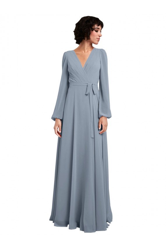 Wrap Style Long Sleeves Chiffon Bridesmaid Dress with Pleated Bodice